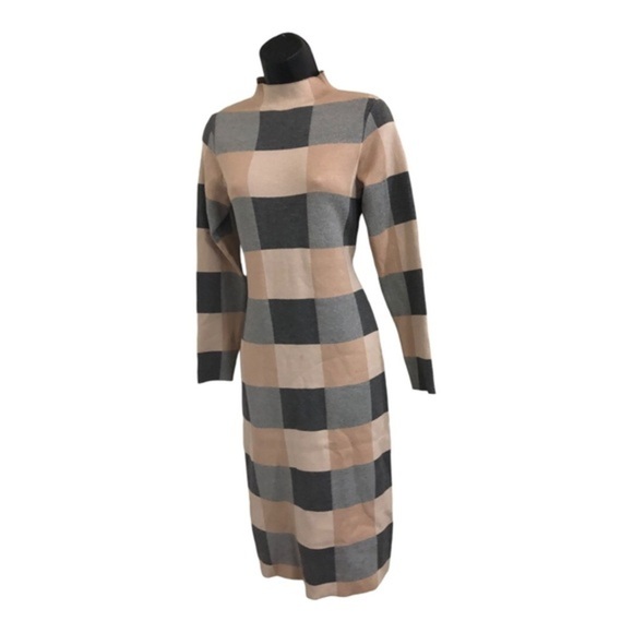 Charcoal grey tan beige checkered mock‎ neck sweater knit dress size large new - Picture 12 of 13